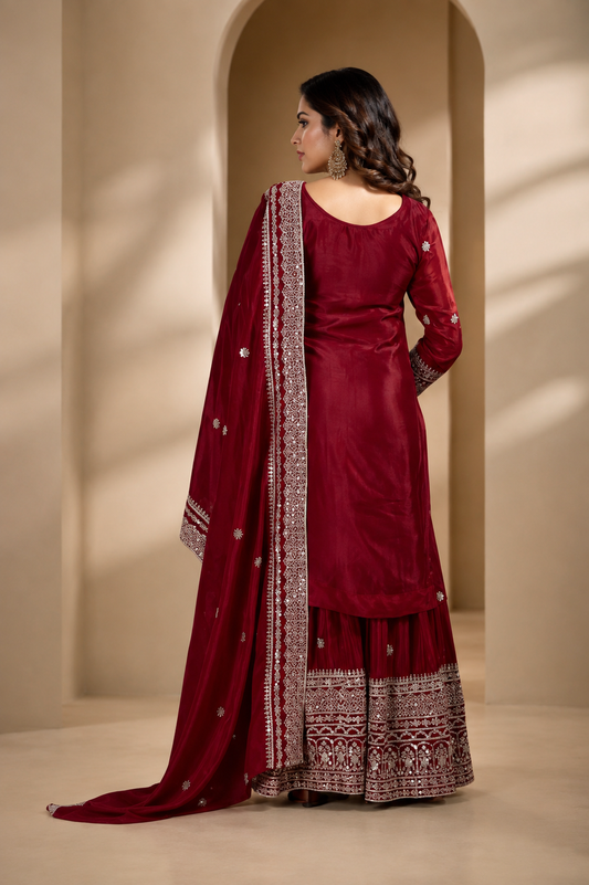 Chinnon Silk With Heavy Embroidery Work Top-Plazo And Dupatta Set With Fully Stitched Ready To Wear Collection