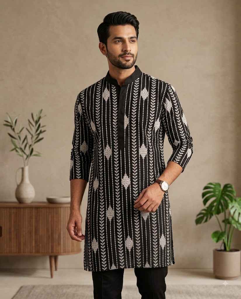 Men’s Premium Black Printed Kurta – Elegant Ethnic Wear
