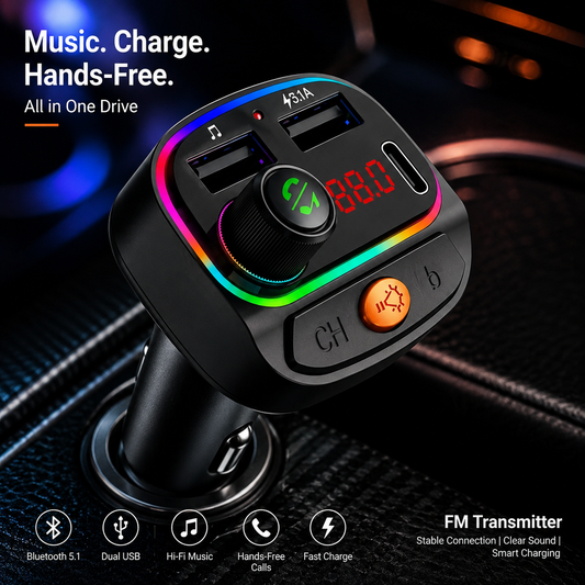 Car Bluetooth Device FM Transmitter with Call Receiver, Dual USB & Type-C Fast Charger, 7-Color LED Lights, EQ Presets, USB MP3 Playback & Voice Assistant