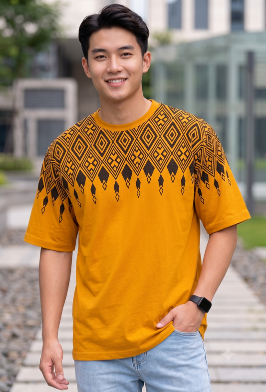 Premium Mustard Geometric Pattern Oversized T-Shirt