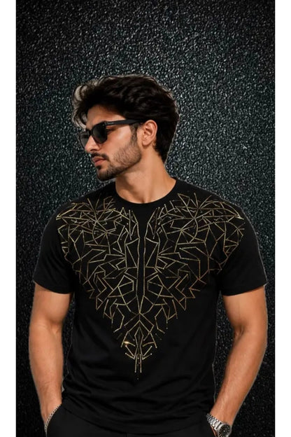 Men’s Premium Geometric Crystal Metalic Print T-Shirt – Luxury Casual Streetwear