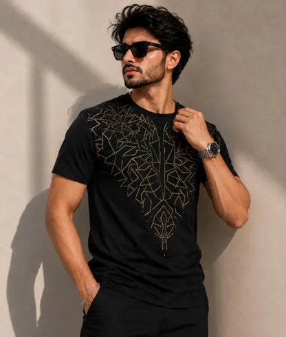 Men’s Premium Geometric Crystal Metalic Print T-Shirt – Luxury Casual Streetwear