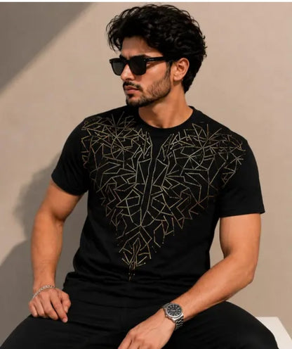 Men’s Premium Geometric Crystal Metalic Print T-Shirt – Luxury Casual Streetwear