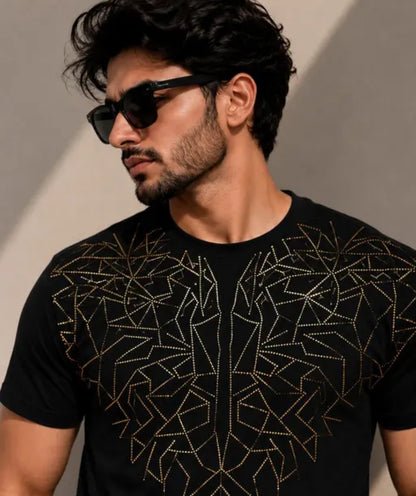 Men’s Premium Geometric Crystal Metalic Print T-Shirt – Luxury Casual Streetwear
