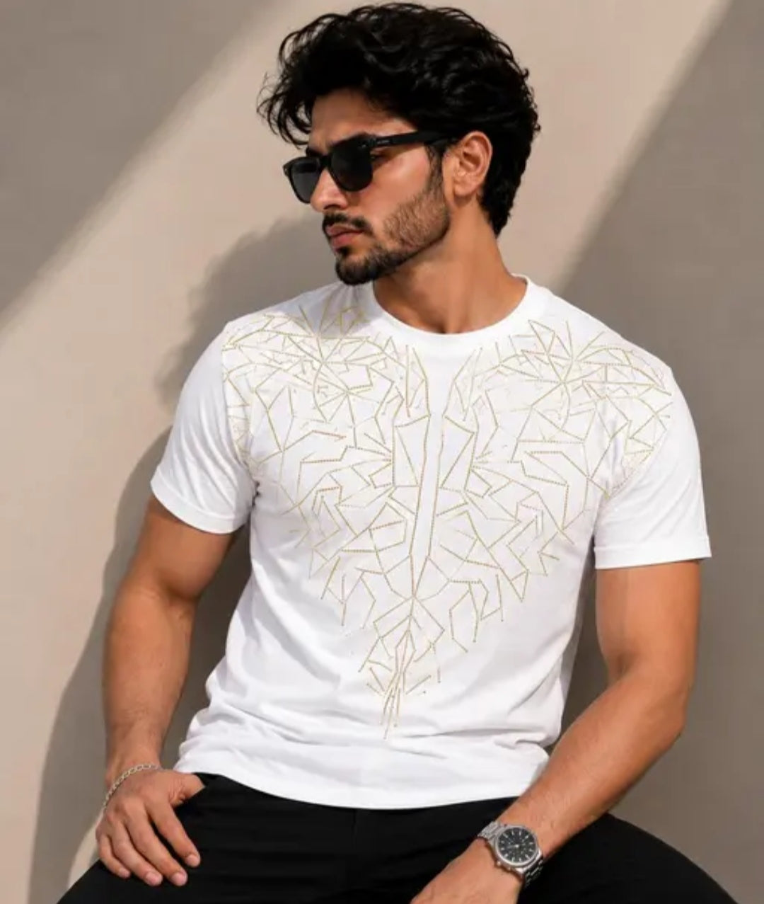 Men’s Premium Geometric Crystal Metalic Print T-Shirt – Luxury Casual Streetwear